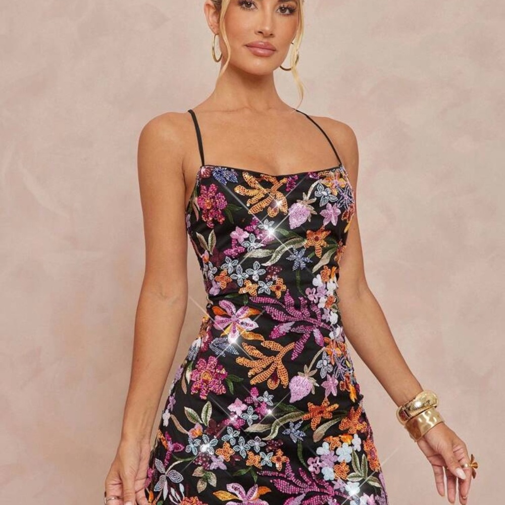 Floral Embroidered Black Dress Small